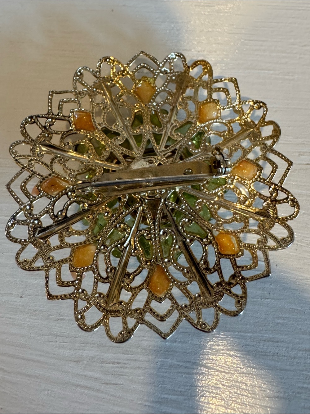 Gold Filigree Floral Brooch with Peach and Green Accents - Picture 9 of 9